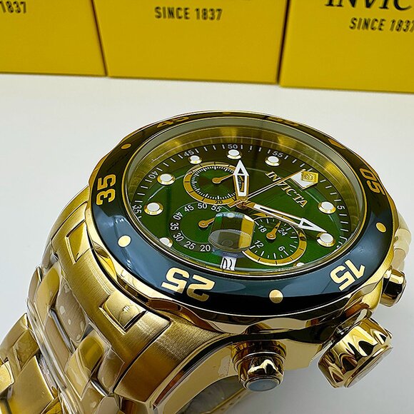 Invicta Men's 48mm PRO DIVER Scuba Chronograph Green Dial 18K Gold Plated Watch - Picture 3 of 8